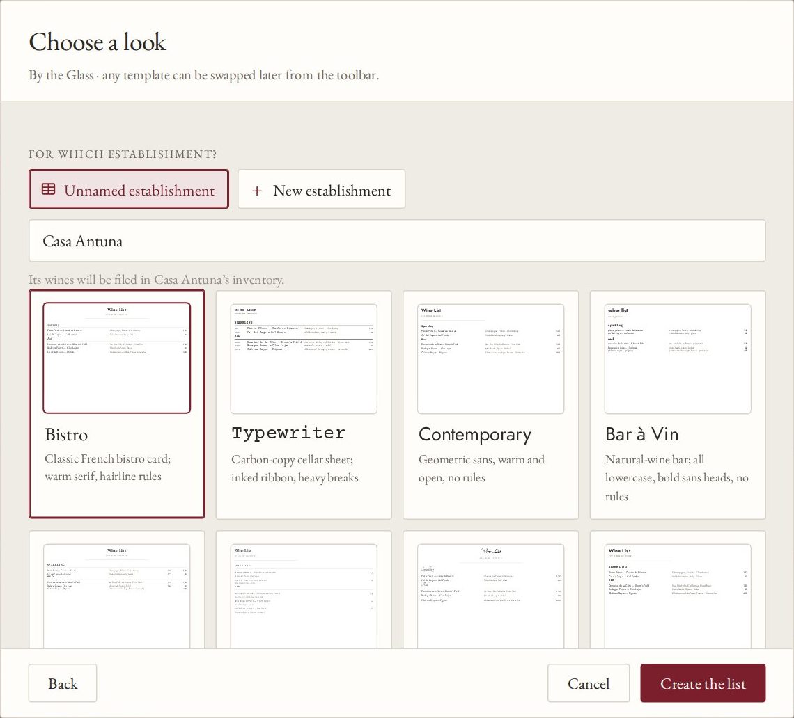 The Choose a look window: the establishment named Casa Antuna, and template cards for Bistro, Typewriter, Contemporary and Bar à Vin, with Create the list at the bottom