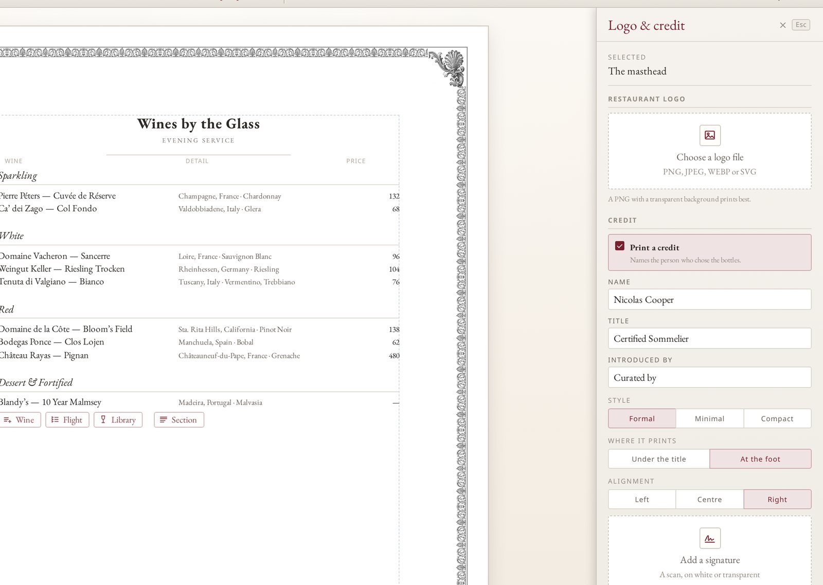 The Logo and credit drawer beside a by-the-glass list: Print a credit is on, with the name Nicolas Cooper, the title Certified Sommelier, Curated by, and the Formal style at the foot